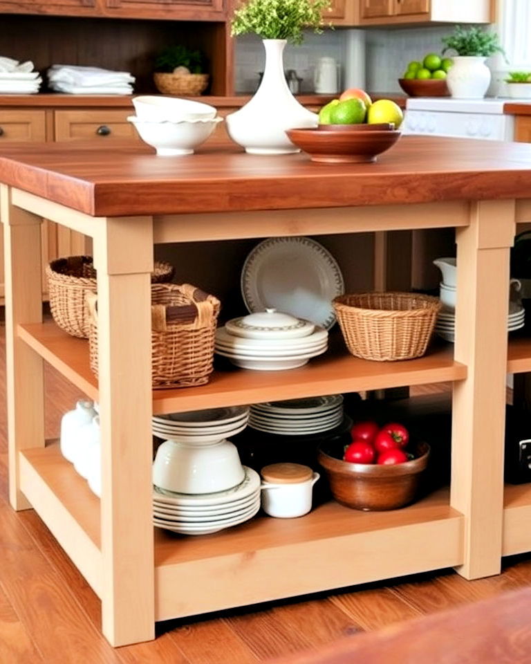 island with open shelving underneath - 25 Farmhouse Kitchen Island Ideas