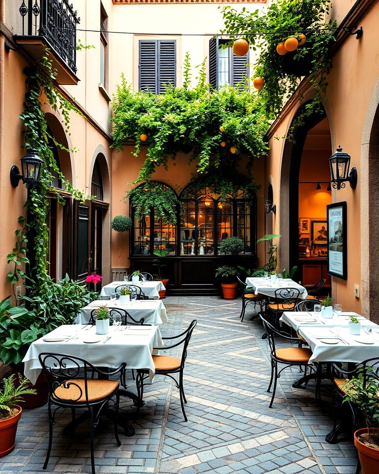 italian courtyard with outdoor seating - 20 Italian Restaurant Decor Ideas