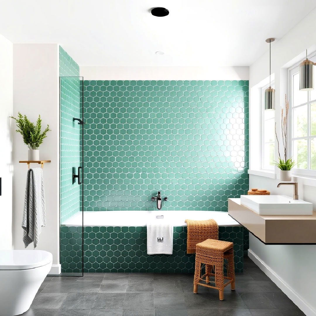 jade green penny tiles for shower wall - 25 Green Tile Bathroom Ideas