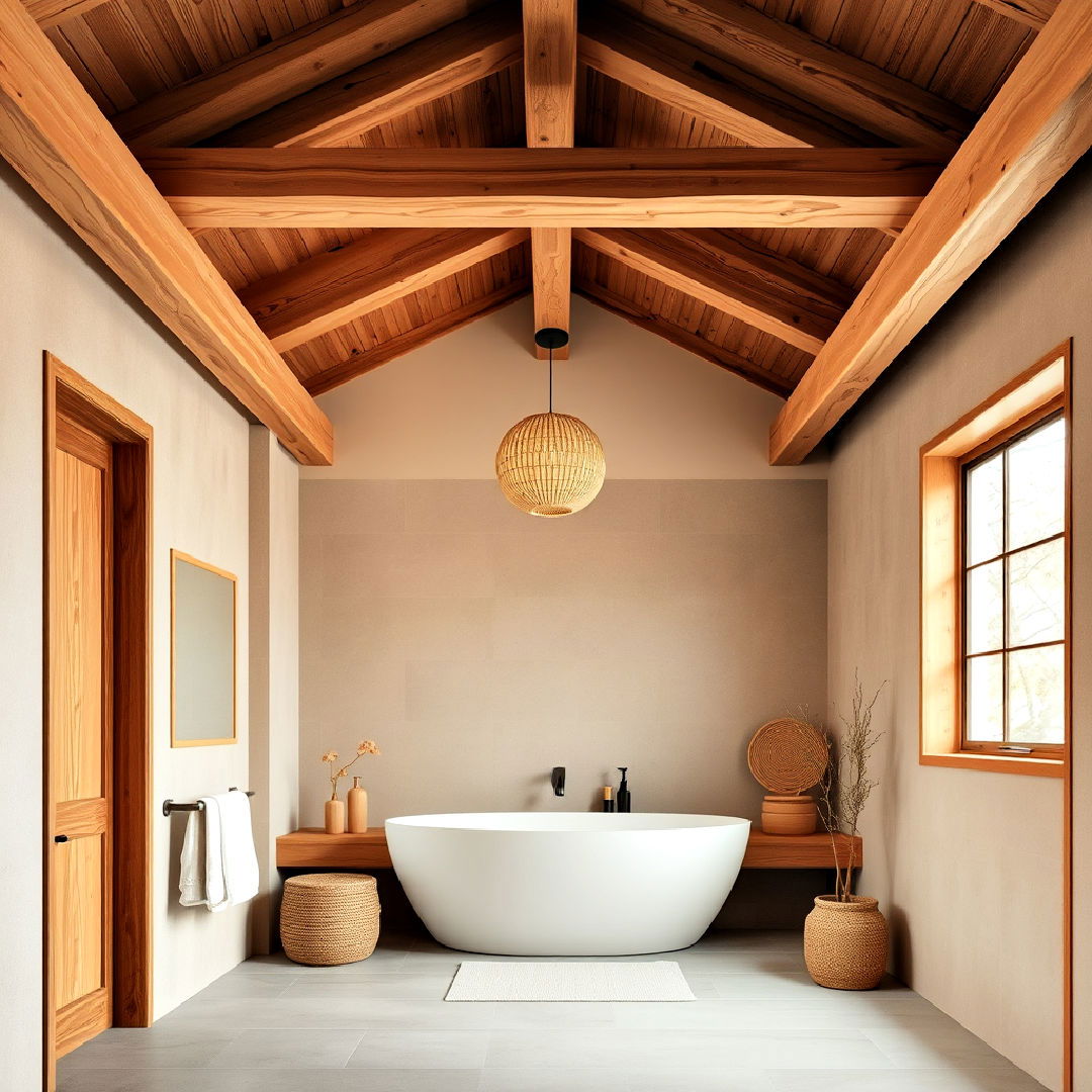 japandi bathroom with exposed wooden ceiling beams - 40 Japandi Bathroom Ideas