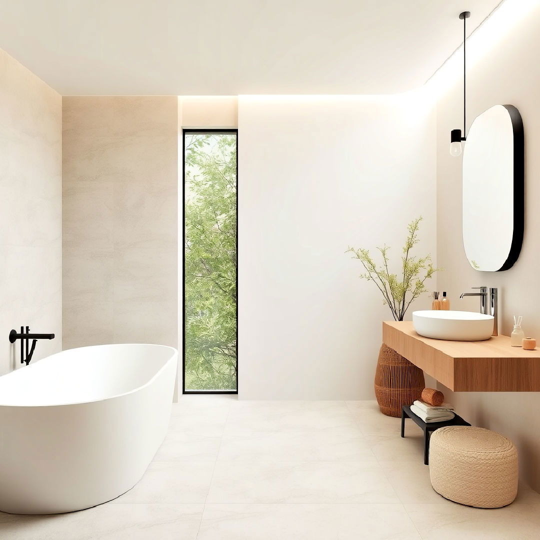 japandi bathroom with neutral color palette - 40 Japandi Bathroom Ideas