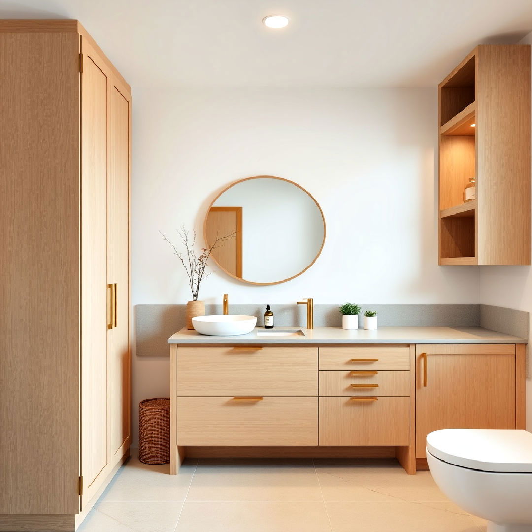 japandi style light wood bathroom cabinetry - 40 Japandi Bathroom Ideas