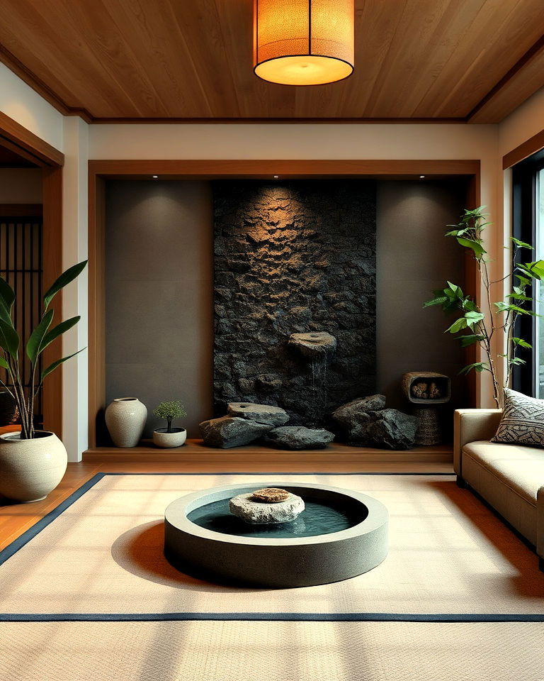 japanese inspired indoor water feature - 25 Japanese Style Living Room Ideas