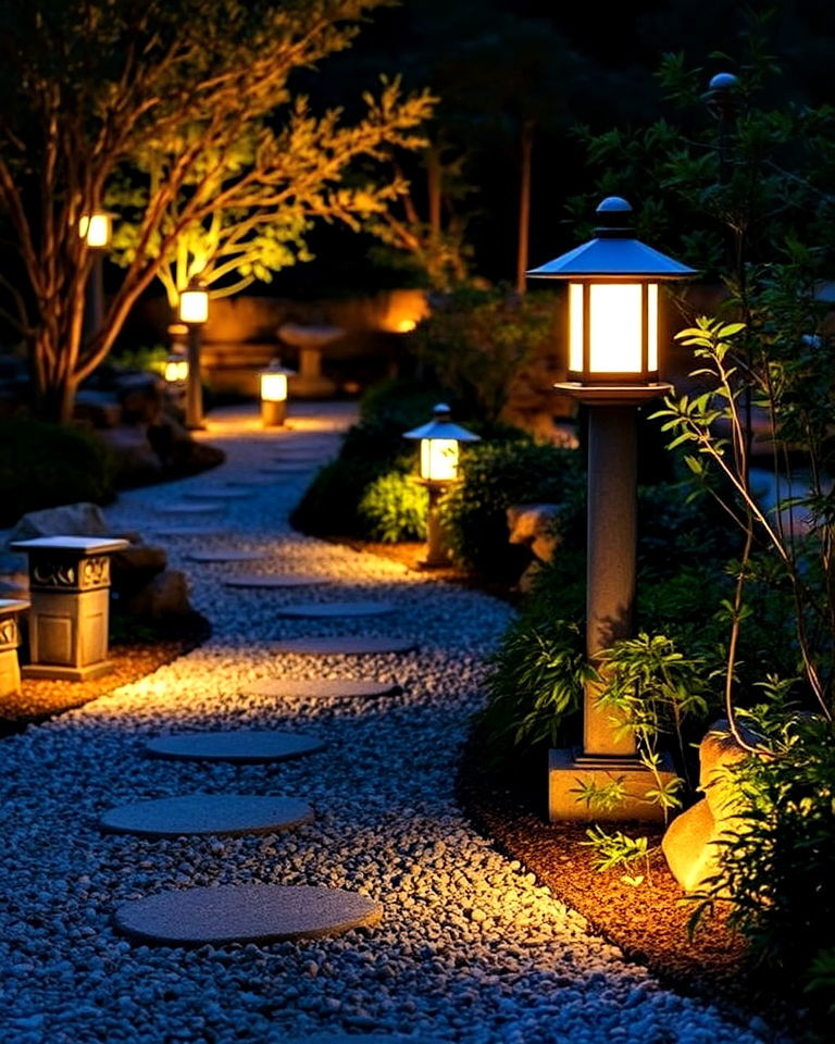 japanese inspired lantern lit pathway - 40 Japanese Garden Ideas