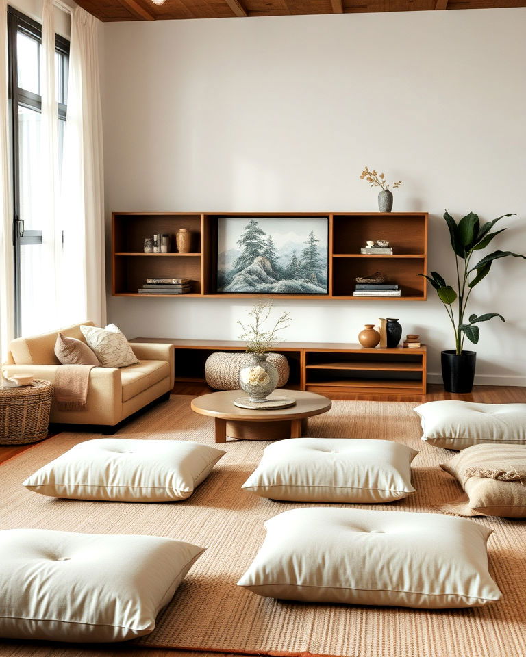 japanese style floor cushions for seating - 25 Asian Living Room Ideas