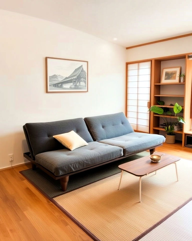 japanese style living room with futon sofa - 25 Japanese Style Living Room Ideas