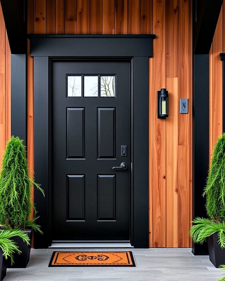 jet black door with cedar - 20 Cedar Front Door Colors Ideas