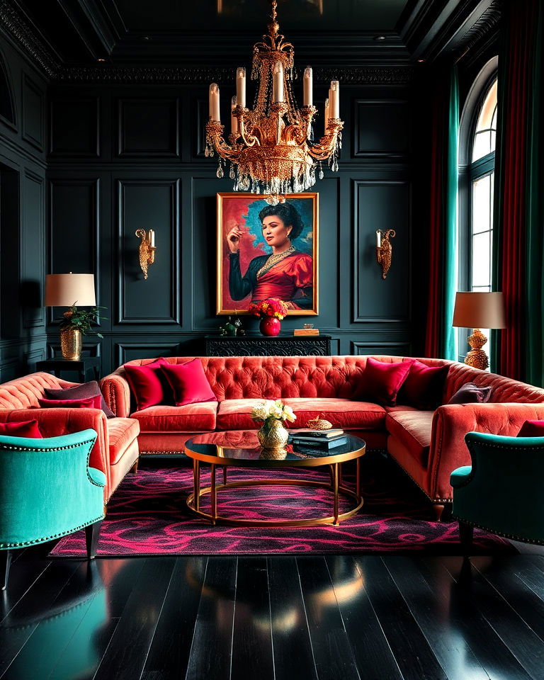 jewel toned accents against black floors - 25 Black Floor Living Room Ideas
