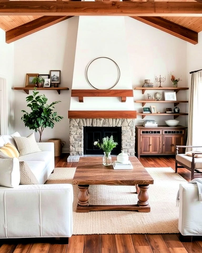 joanna inspired living room with rustic wood accents - 25 Joanna Gaines Living Room Ideas