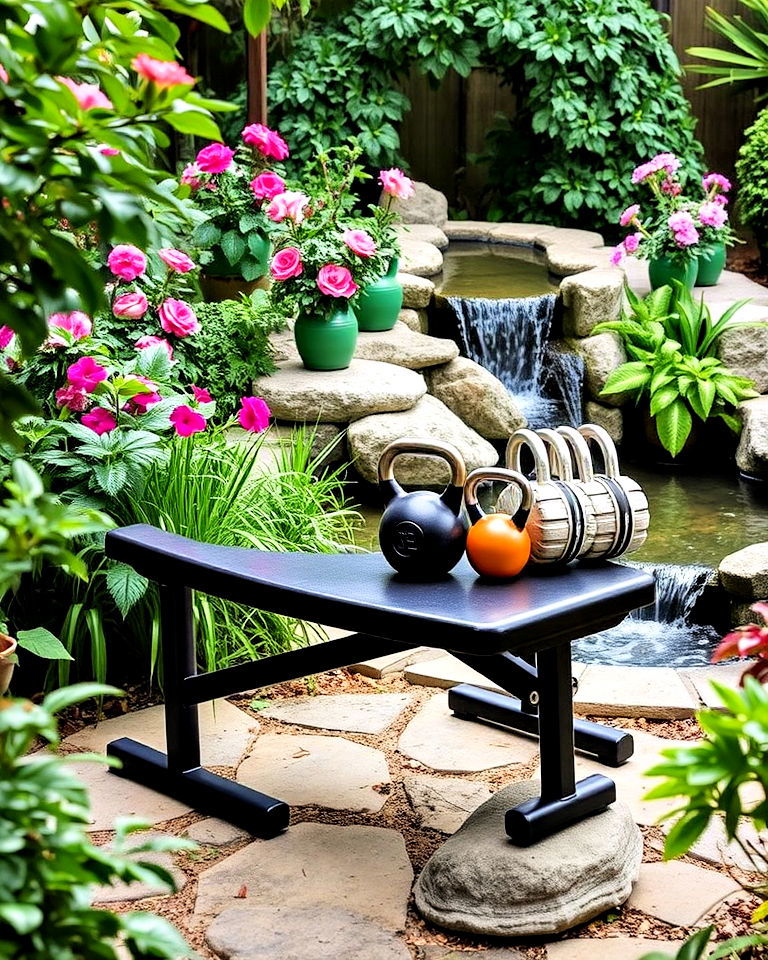 kettlebell and dumbbell bench beside a water feature - 15 Garden Gym Ideas