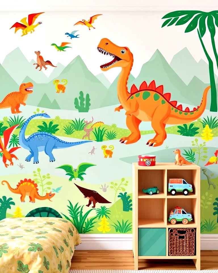 kids room with dinosaur themed accent - 30 Kids Room Accent Wall Ideas