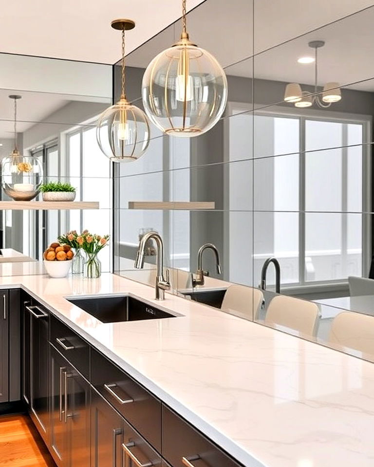 kitchen backsplash with large mirrored tiles - 30 Mirrored Backsplash Kitchen Ideas
