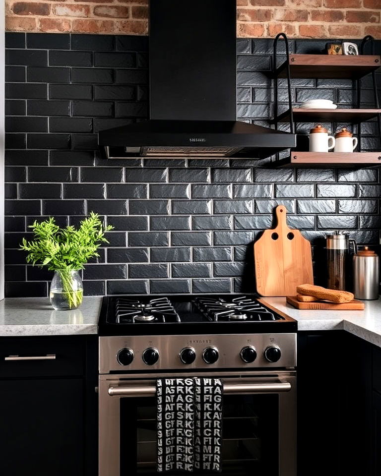kitchen backsplash with matte black metal tiles - 30 Kitchen With Black Backsplash
