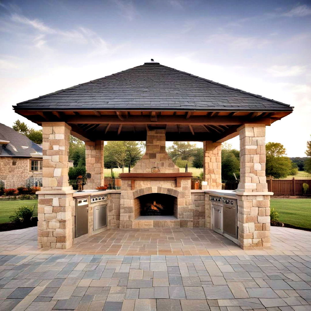 kitchen gazebo with a stone fireplace - 25 Covered Outdoor Kitchen Ideas