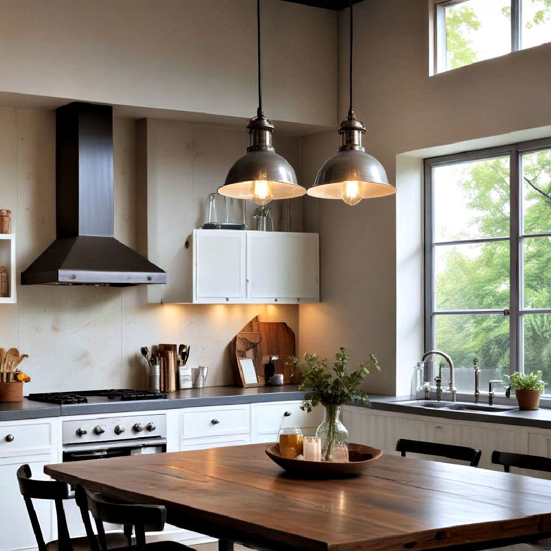 kitchen island with factory pendant lights - 30 Industrial Decor Ideas