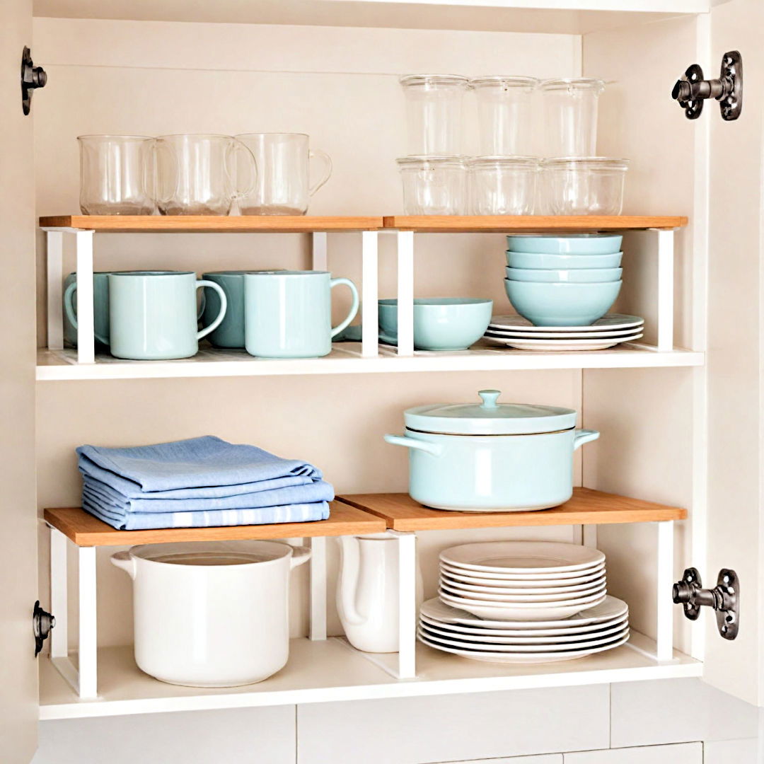 kitchen organization with shelf risers - 40 Kitchen Organization Ideas