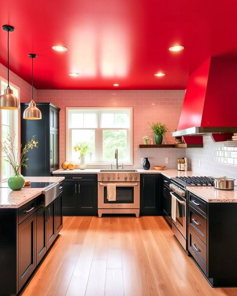 kitchen with black cabinets and red ceiling - 25 Red and Black Kitchen Ideas
