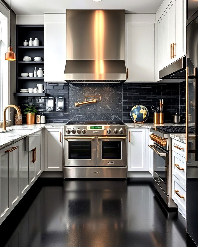 kitchen with black flooring and metallic accents - 20 Black Floor Kitchen Ideas