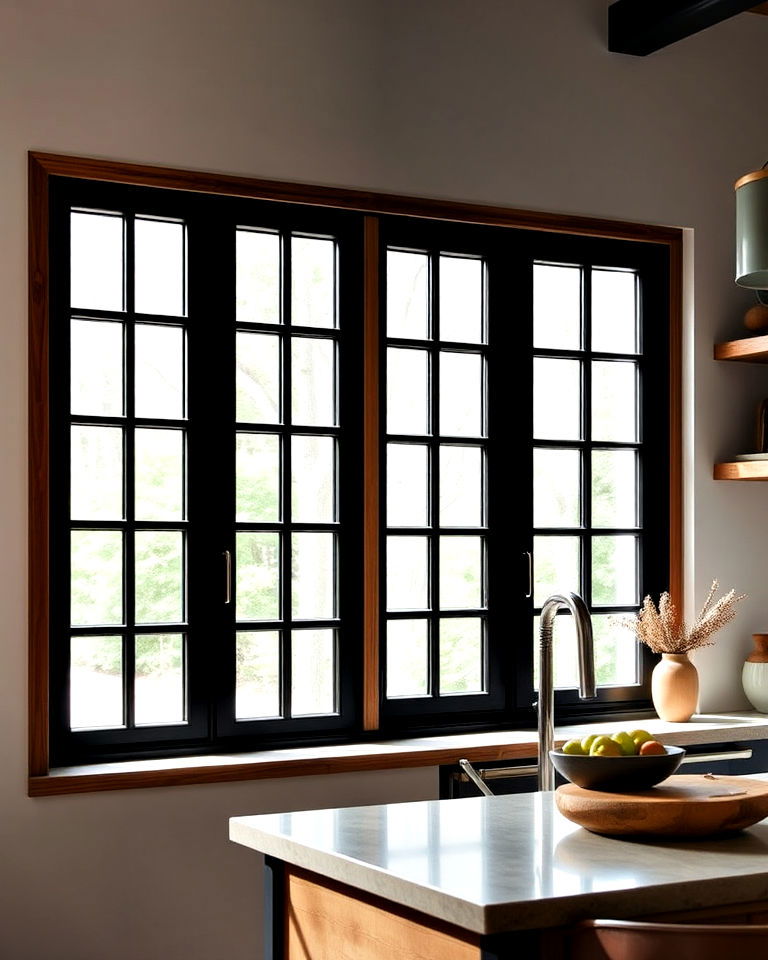 kitchen with black windows and wooden frames - 20 Black and Brown Kitchen Ideas