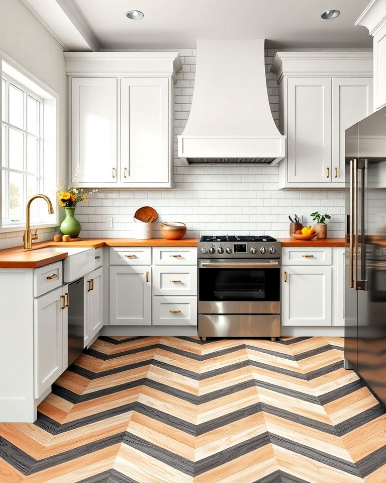 kitchen with chevron pattern linoleum floor - 20 Linoleum Kitchen Flooring Ideas