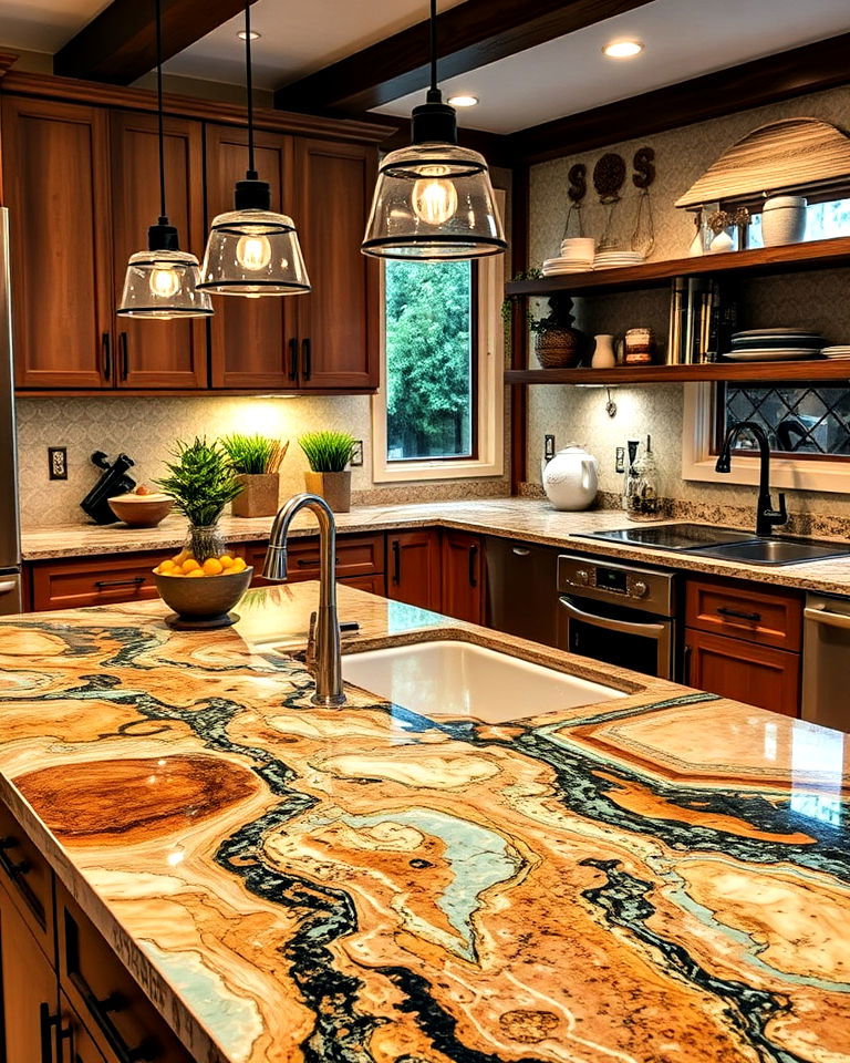 kitchen with custom epoxy art countertops - 40 Kitchen Countertop Ideas