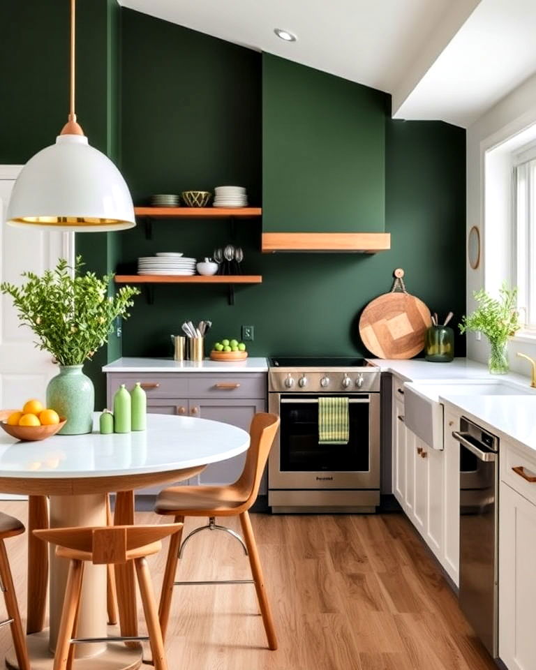 kitchen with dark green accent wall - 40 Dark Green Kitchen Ideas