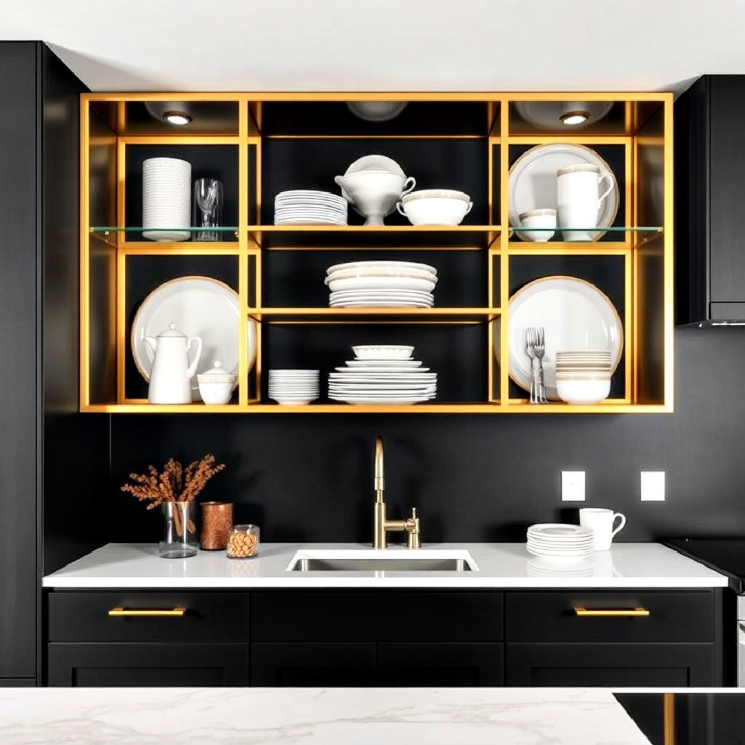 kitchen with gold framed open shelving - 25 Black White and Gold Kitchen Ideas
