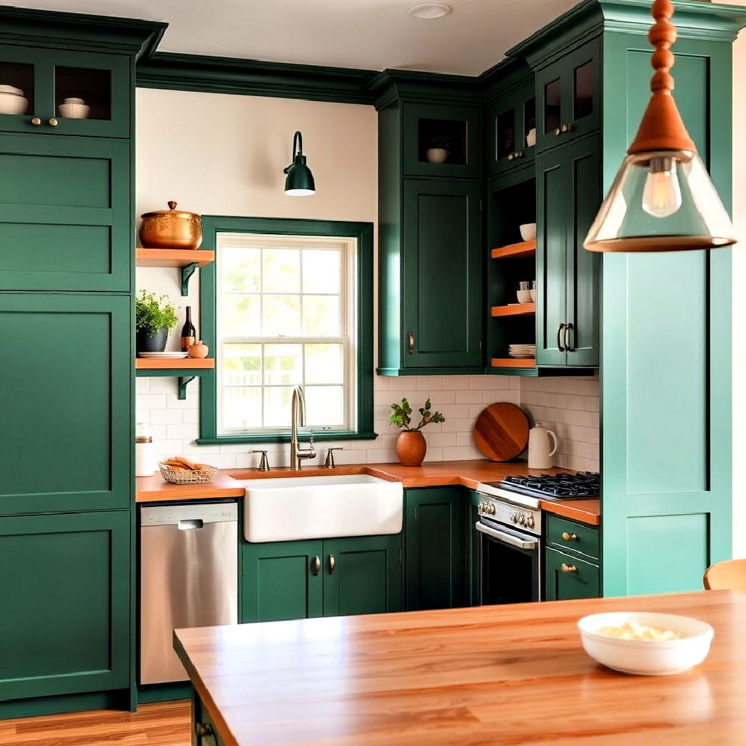 kitchen with green and wood combo - 25 Emerald Green Kitchen Ideas