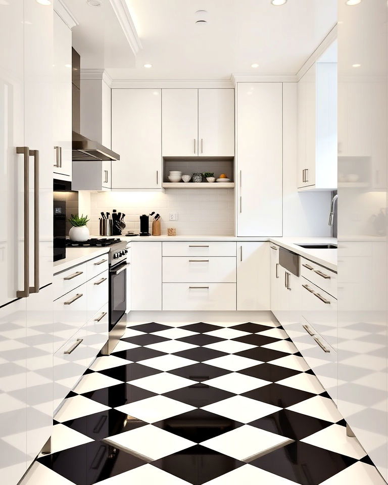kitchen with high contrast checkered floor - 25 Kitchens With Checkered Floors