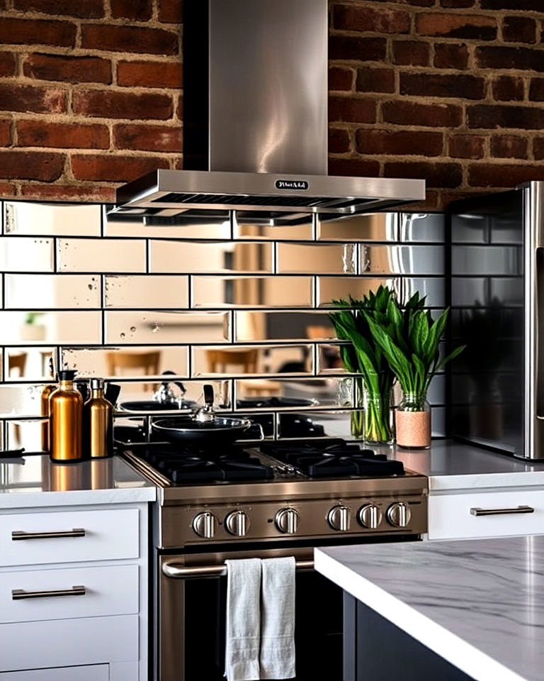 kitchen with industrial mirrored backsplash - 30 Mirrored Backsplash Kitchen Ideas