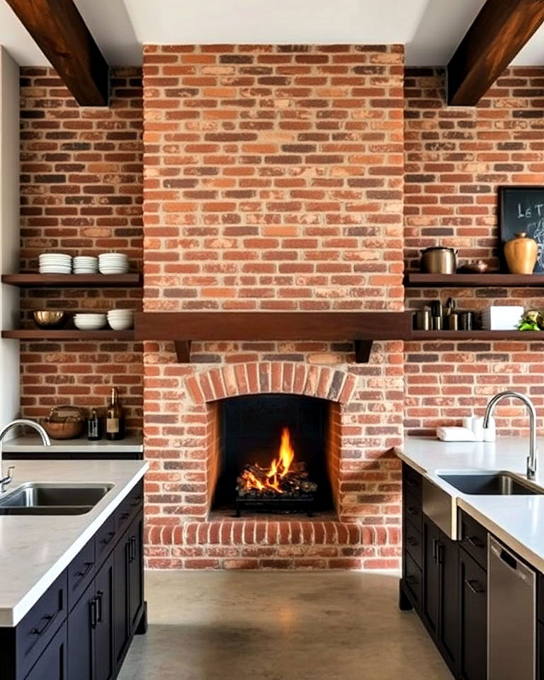 kitchen with industrial style fireplace - 25 Kitchens With Fireplaces