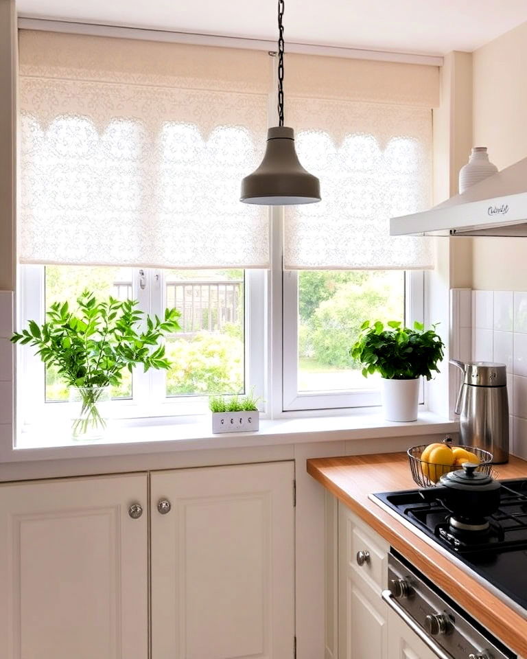 kitchen with lace blinds for vintage charm - 15 Kitchen Blinds Ideas