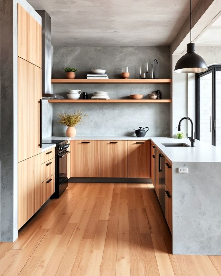 kitchen with light concrete and wood combo - 20 Light Wood Floor Kitchen Ideas