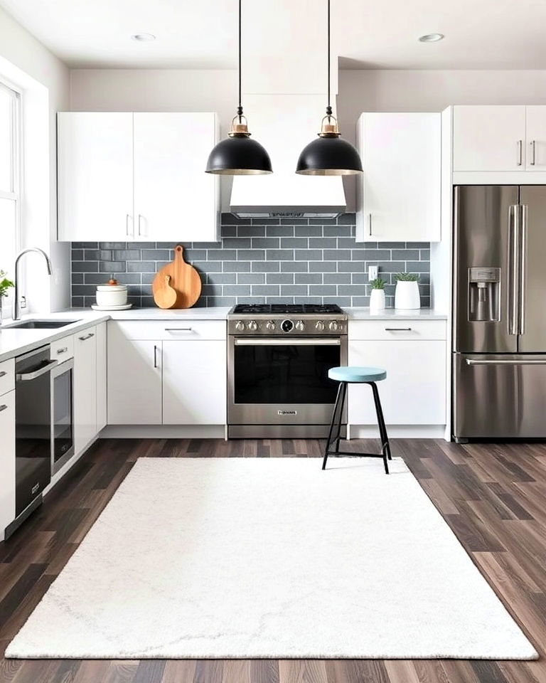 kitchen with minimalist monochrome rug - 20 Kitchen Rug Ideas