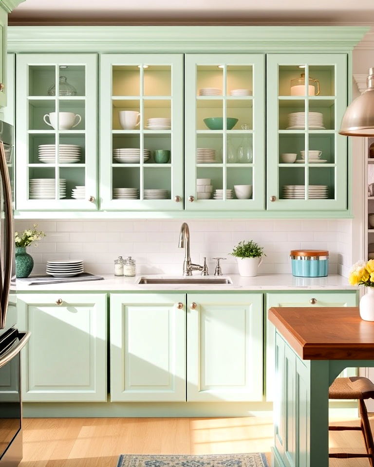kitchen with mint green and glass cabinets - 30 Mint Green Kitchen Ideas