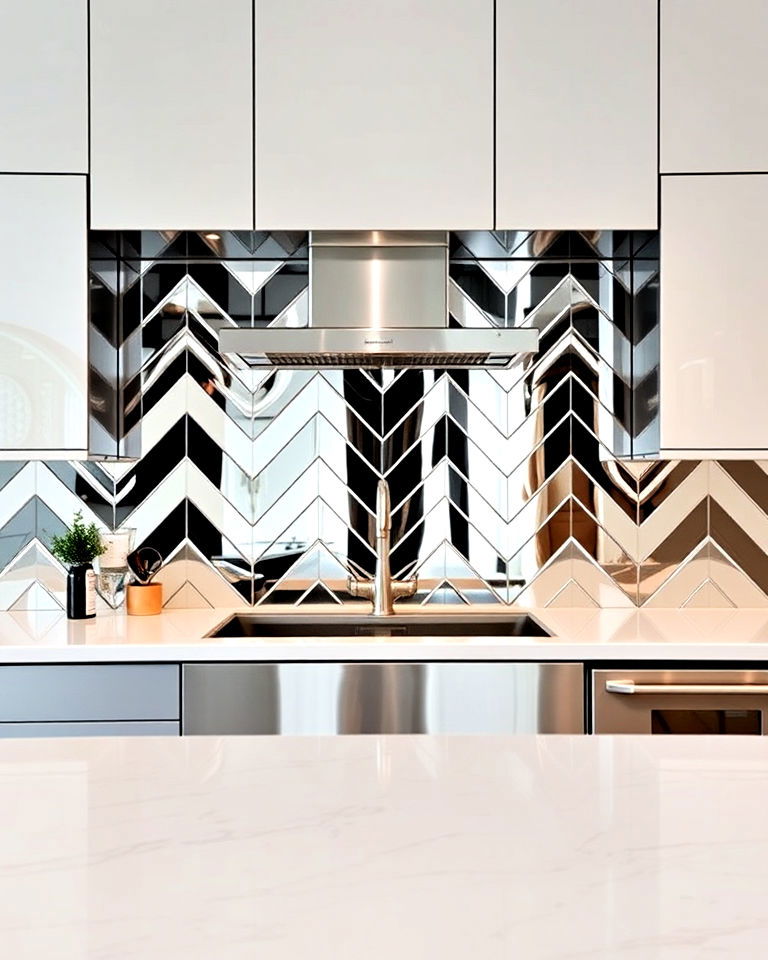 kitchen with mirrored chevron design - 30 Mirrored Backsplash Kitchen Ideas
