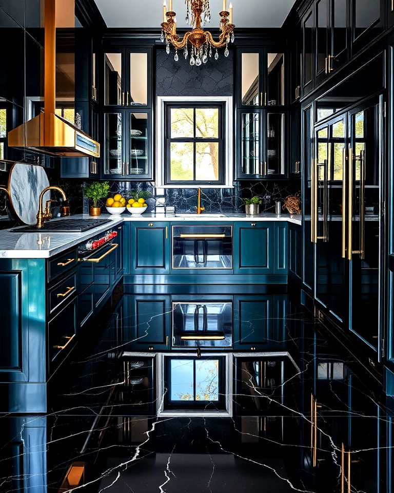 kitchen with modern high gloss black floor - 20 Black Floor Kitchen Ideas