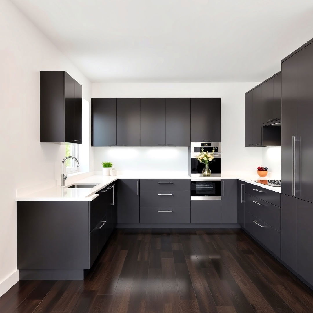 kitchen with monochromatic color scheme - 25 Kitchen With Dark Wood Floors