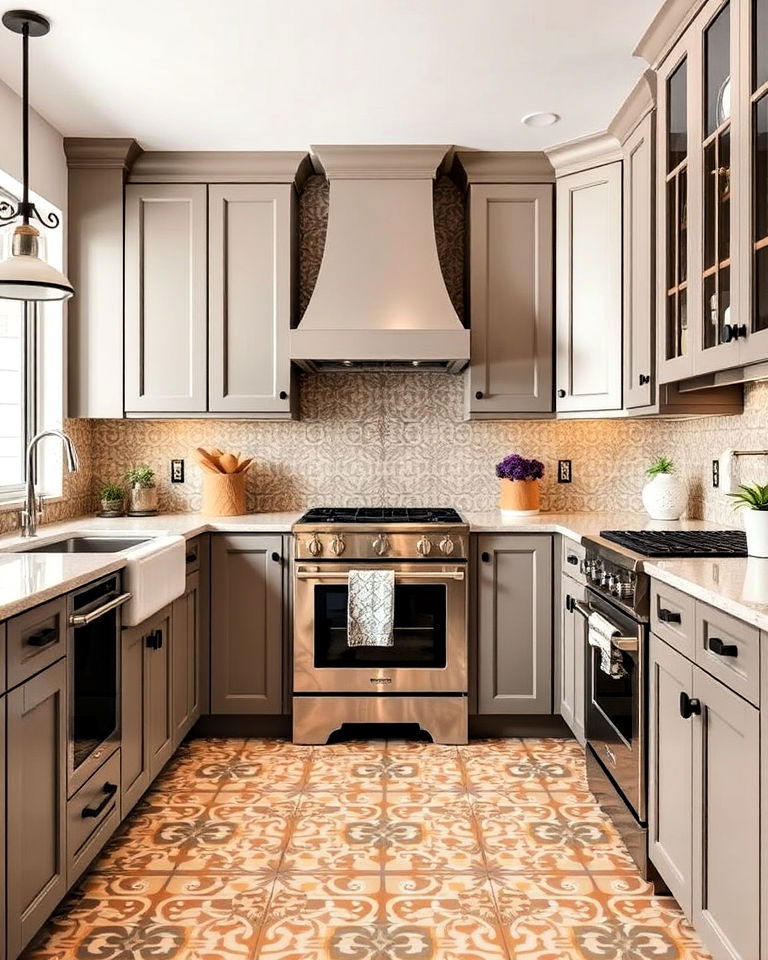 kitchen with patterned tiles and taupe cabinets - 25 Taupe Kitchen Cabinet Ideas
