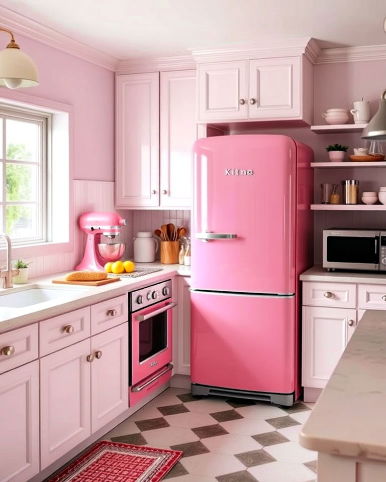 kitchen with playful pink appliances - 25 Kitchen With Colored Appliances Ideas