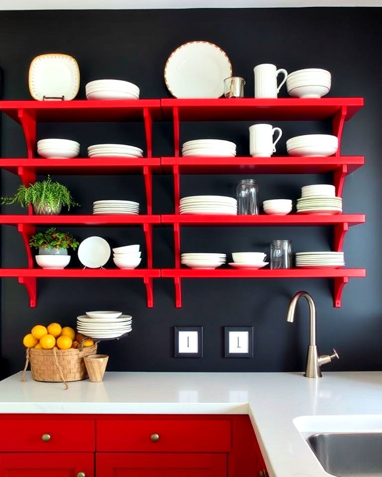 kitchen with red and black open shelving - 25 Red and Black Kitchen Ideas