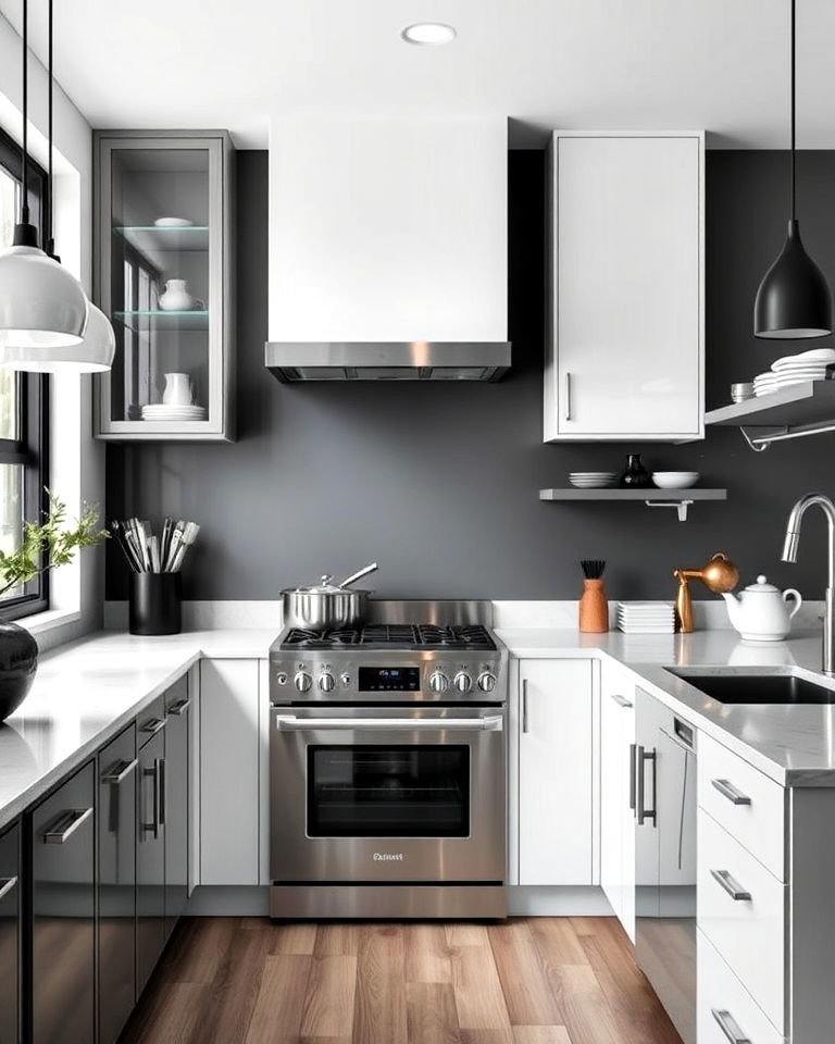 kitchen with sophisticated monochrome palette - 25 Kitchen With Stainless Steel Appliances