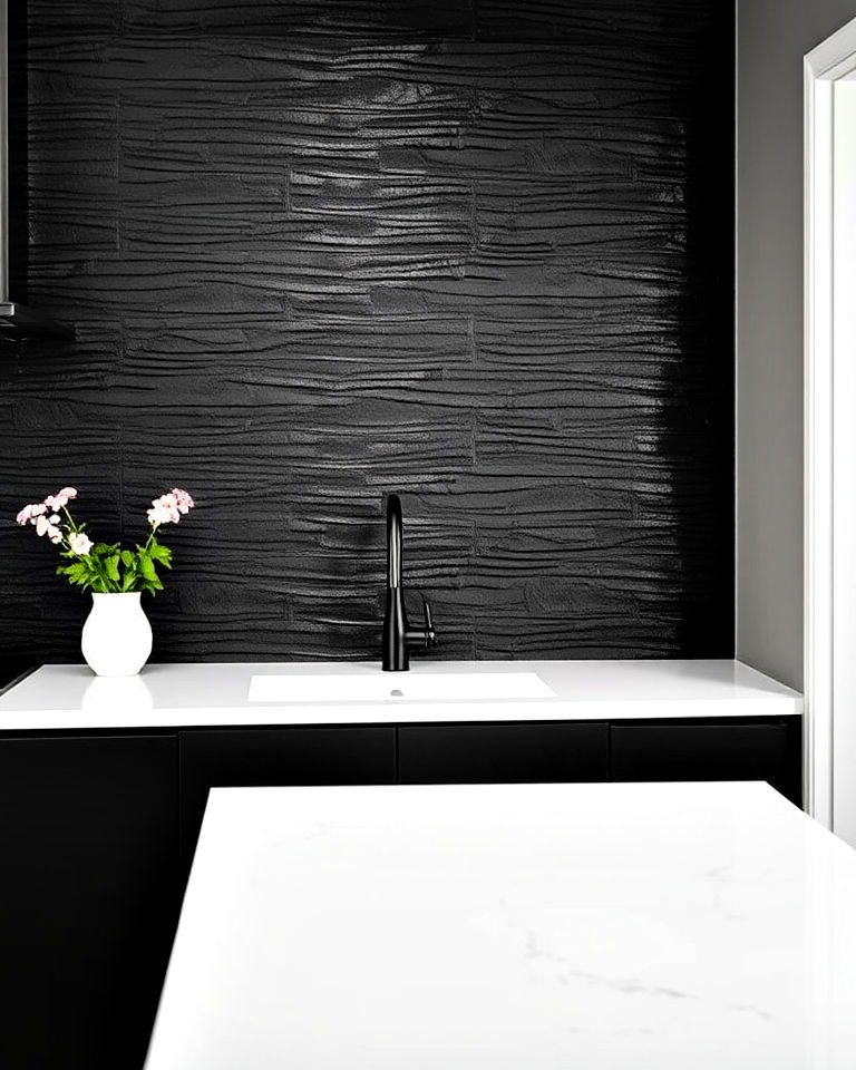 kitchen with textured black backsplash - 30 Kitchen With Black Backsplash
