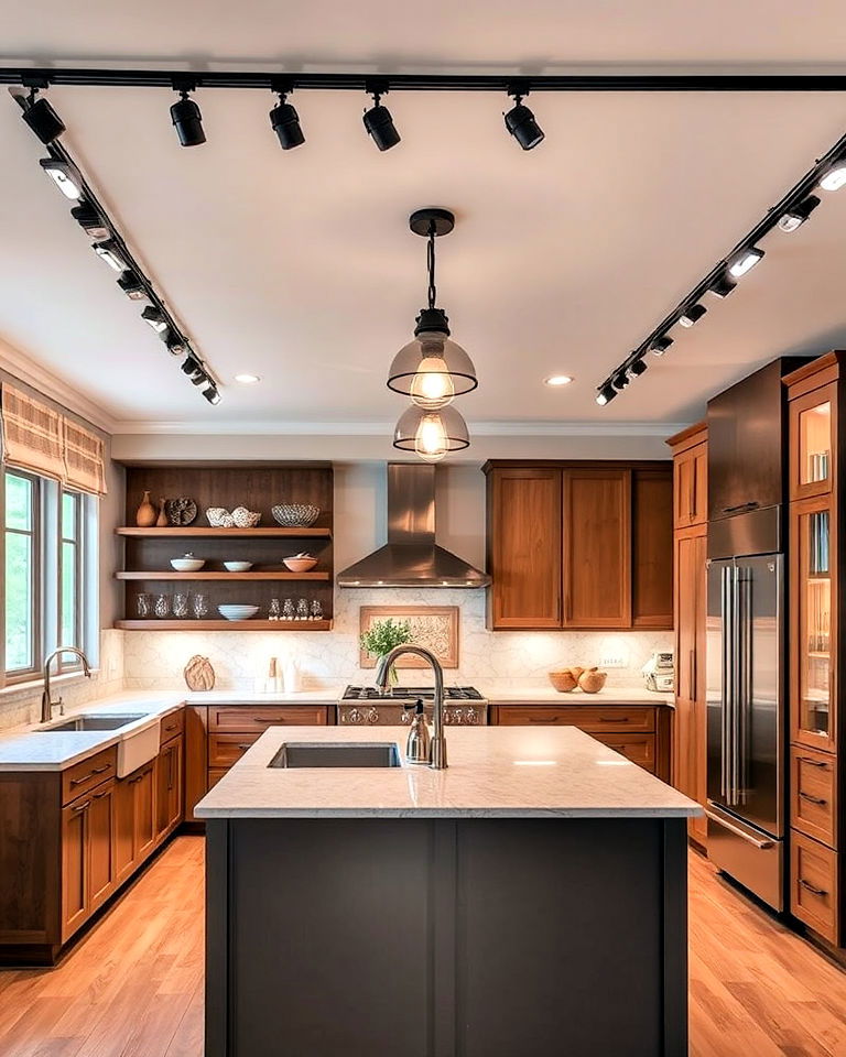 kitchen with track lighting and pendant fixtures - 20 Kitchen Track Lighting Ideas
