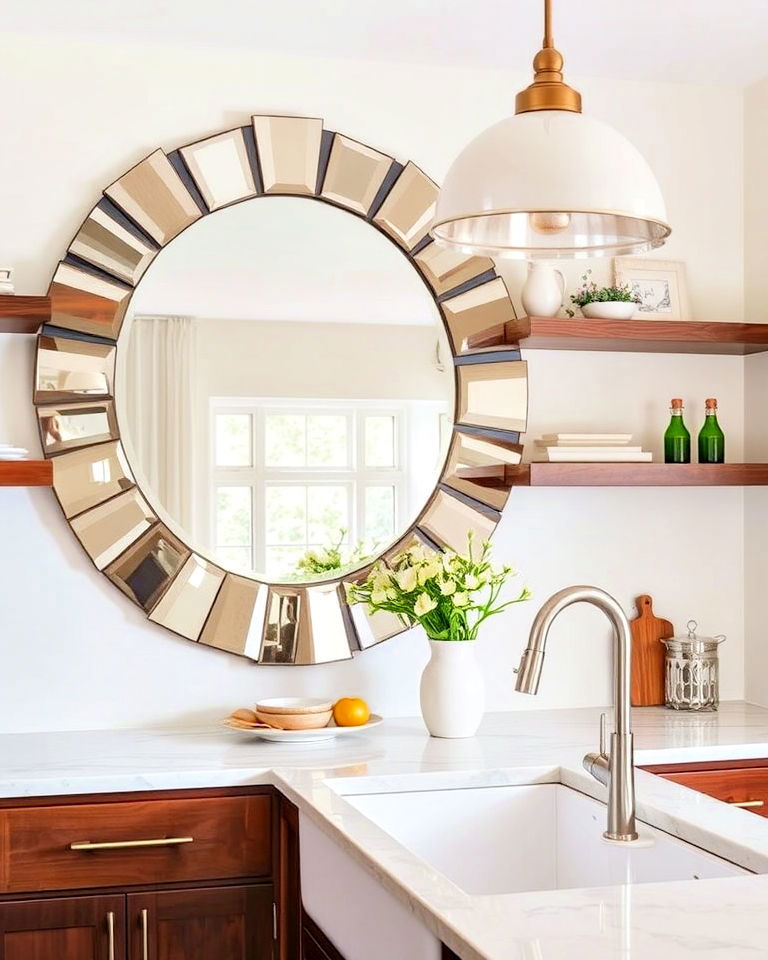 kitchen with unique mirrored wall art - 20 Mirror in Kitchen Ideas