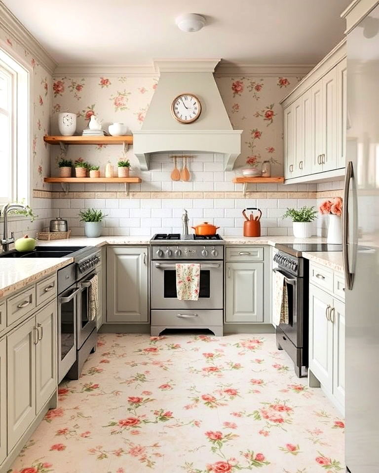 kitchen with vintage floral patterned linoleum - 20 Linoleum Kitchen Flooring Ideas