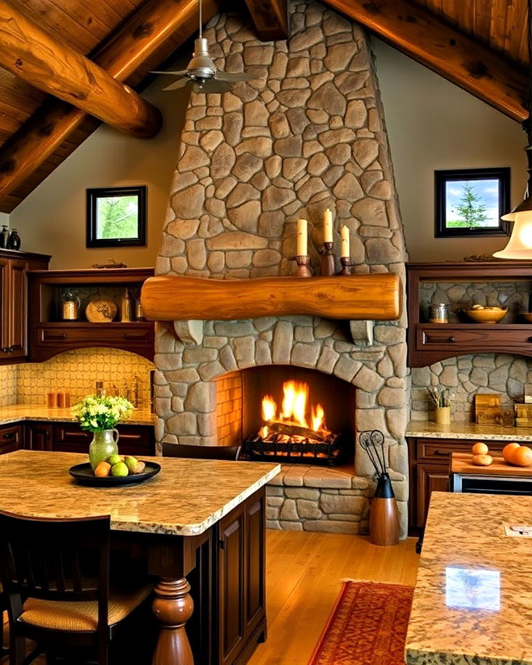 kitchens with outdoor inspired fireplace - 25 Kitchens With Fireplaces
