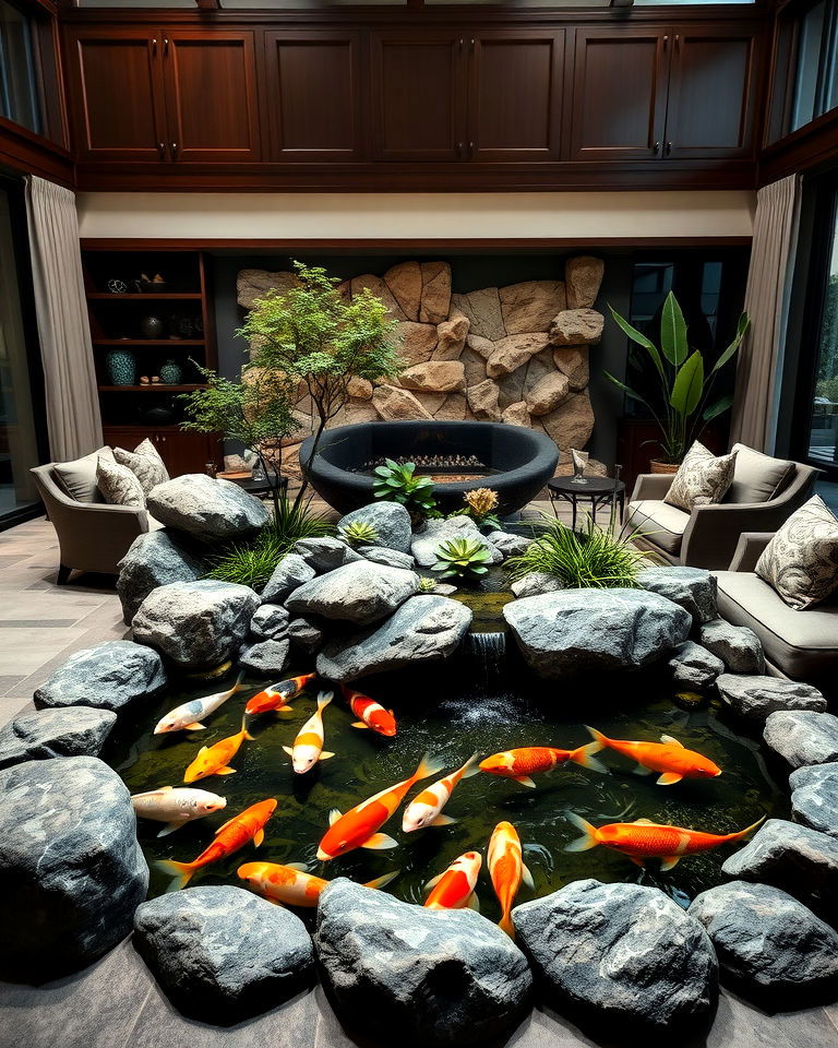 koi pond as central living room feature - 20 Indoor Koi Pond Ideas