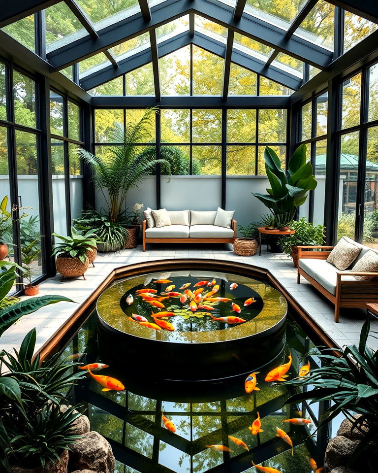koi pond in glass enclosed room - 20 Indoor Koi Pond Ideas