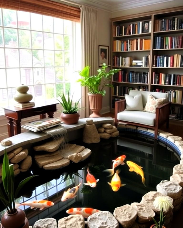 koi pond in library area - 20 Indoor Koi Pond Ideas